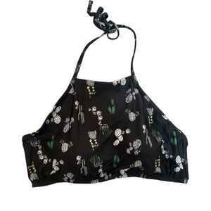 Black Halter Bikini Top with Cactus Print